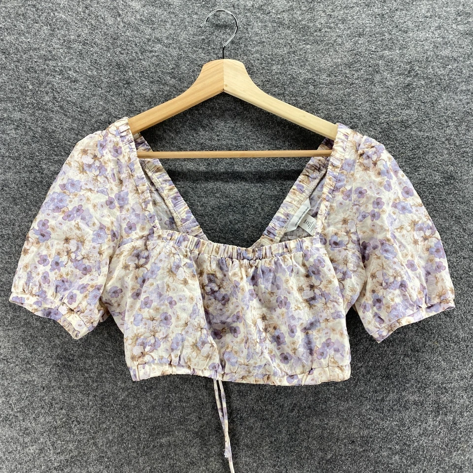 H&M Cropped Top Women S Small Beige Floral Square Neck Short Sleeve Linen Casual - Image 1 of 4