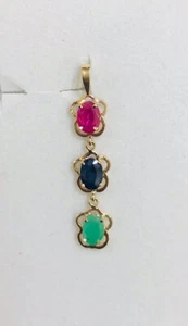 14k Solid Yellow Gold Cluster Pendant W/Natural Oval Emerald Ruby Sapphire1.62GM - Picture 1 of 8