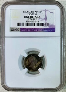 1762 Silver Great Britain 3 Pence, ESC-2033, NGC Fine Details, Repaired - Picture 1 of 2
