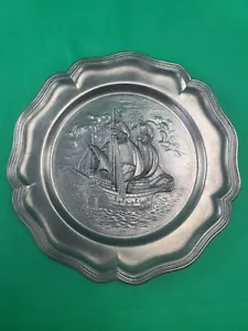 Pewter Plate 9 Inch with Sailing Ship Very Sharp - Picture 1 of 5