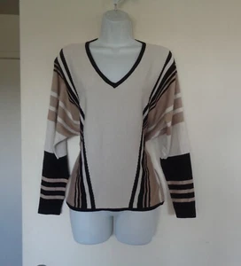 Tahari White Black Brown Stripe Rayon Knit V-Neck Sweater Small - Picture 1 of 5