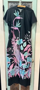 VTG Granada Floral MuuMuu Dress Black Caftan Patio Boho Lounge Mrs Roper L - Picture 1 of 8