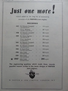 9/1947 PUB NAPIER & SON LION ENGINE RECORD CAMPBELL COBB SEGRAVE ORIGINAL AD - Bild 1 von 2