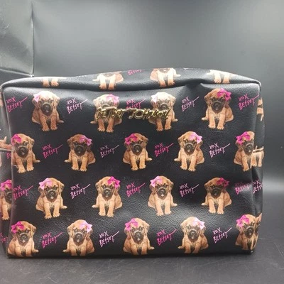 Bolso de mano de viaje/maquillaje Betsey Johnson XLg vintage Adorbs PUPPY con lazo rosa 2 cremalleras ** Foto 1 de 4