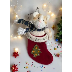 VINTAGE Fleece Orange Cat Treats Kitten in Stocking Christmas Tree Xmas Ornament - Picture 1 of 4
