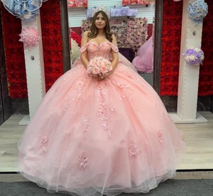 Girl Quinceanera Dresses Baby Pink Glitter Sweet 15 16 Prom Party Ball Gown - Picture 1 of 9
