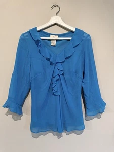 VINTAGE TOP RUFFLE SHIRT 100% Silk Y2K Women Mp Fairy Light Blue Party Cocktail - Picture 1 of 16