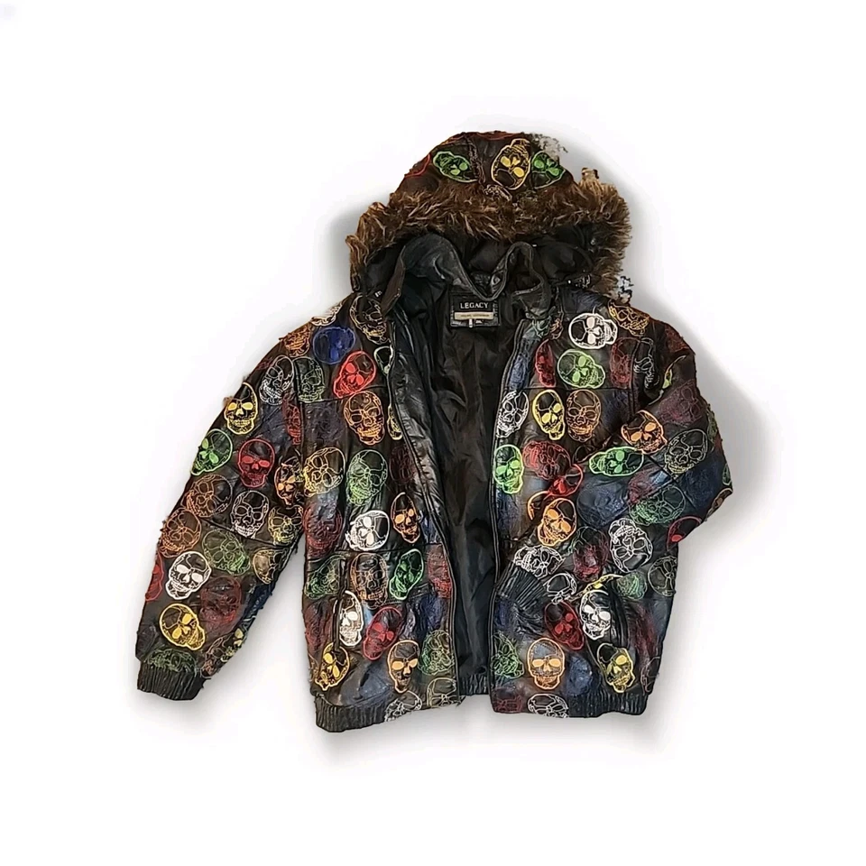 Chaqueta de cuero Legacy por todas partes calavera bordada piel capucha rara XXL 2XL RARA  Foto 1 de 4