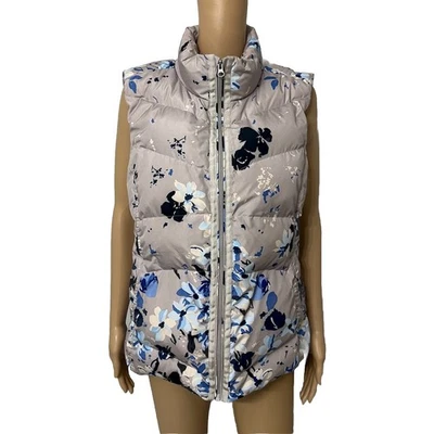 Lands’ End Women Floral Taupe Blue Down Insulated Puffer Zip Vest Size 1X - Image 1 of 4