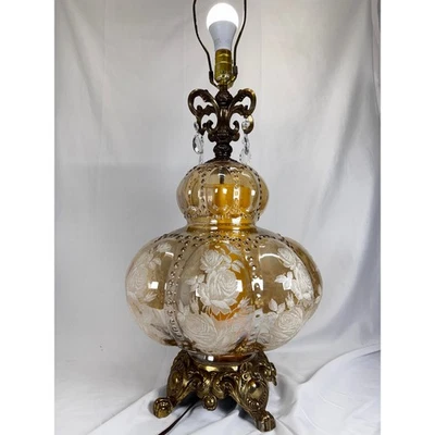Carl Falkenstein MCM 3Way Hollywood Regency Amber Glass Bubble Floral Rose Lamp - Image 1 of 4