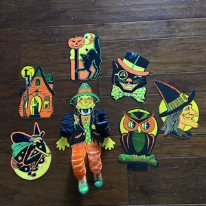 Vintage BEISTLE CO Halloween gestanzt - schwarze Katze, Hexe, Eule, Akkordeon Vogelscheuche - Bild 1 von 10