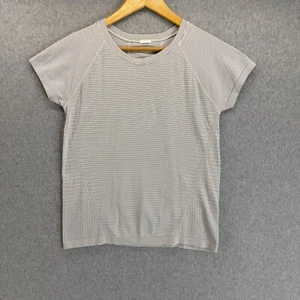 Athleta Womens Momentum Tee Shirt Mini Striped Off White Blue Size Medium ? Gym - Picture 1 of 8