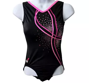 GK Elite Pink Ribbon Leotard AM Adult Medium Breast Cancer Black Sequin V Neck - Picture 1 of 7