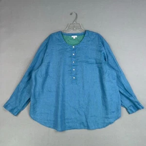 J Jill Shirt Womens Plus 3X Blue Love Linen Popover Coastal Cottage Minimal - Picture 1 of 14