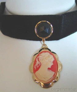 Victorian Cameo Choker Black Velvet Velour Necklace - Picture 1 of 2