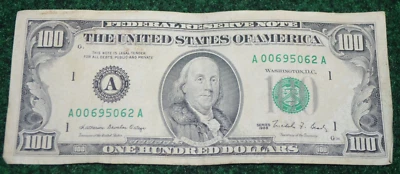 1988 One Hundred Dollar Bill Serial #00695062 S0-So 57.6% $100.00 - Image 1 of 4