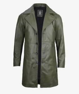 New Bomber Cowboy Style Lambskin Military Green Leather Car Trench Long Coat - Picture 1 of 7