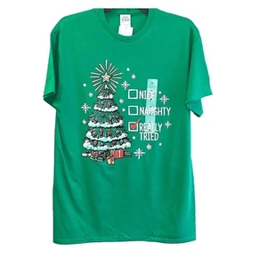 Nice Naughty Really Tried Christmas Crew Neck Tee Unisex Medium Green Short Slv - Picture 1 of 3