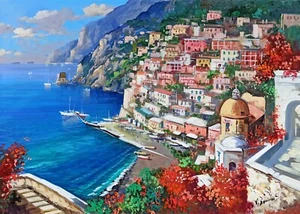 POSITANO PAINTING FLOWERING SEASIDE ORIGINAL CANVAS SOMMA ITALIAN PAINTER ITALY - Picture 1 of 11