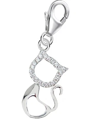Charm Anhänger Silber Katze Herz Zirkonia 925 Sterling Armband Karabiner Kater - Bild 1 von 3