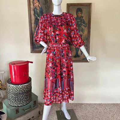 Vintage 80s Feminine Diane Freis Martini Olives Mixed Print Midi Dress M - Image 1 of 4
