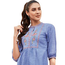 Women Fashion Indian Short Embroidered Light Blue Rayon Kurti Tunic Kurta Top 