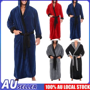Mens Long Dressing Gown Fleece Hooded Towelling Bath Robe Warm Lounge Nightgown - Picture 1 of 17