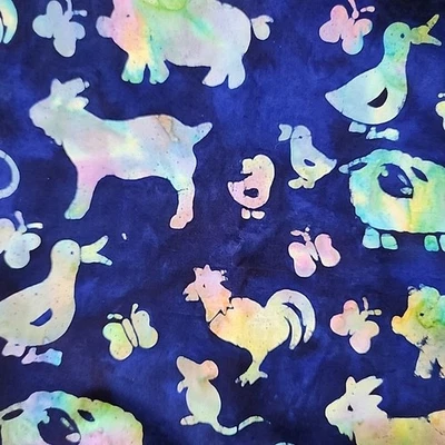 Rainbow Farm Animal Print Batik Fabric Farm Animals 44" x 21" Navy Blue - Image 1 of 4