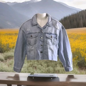 Women's 3XL Distressed Cropped Denim Jacket 3XL Casual Short Relaxed NOBO Blue - Picture 1 of 4