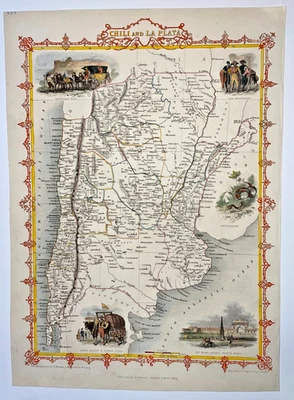 CHILE Y ARGENTINA 1851 JOHN TALLIS BONITO MAPA DECORATIVO ANTIGUO Foto 1 de 4