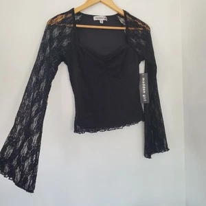NWT MADDEN GIRL Sz M Black Lace Crop Corset Top Sheer LS Bell Babydoll Y2K Fairy - Picture 1 of 9
