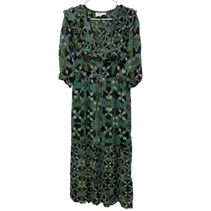 BA&SH Hooper Geometric Floral Watercolor Midi Dress Medium M 6 Green Feminine - Picture 1 of 14