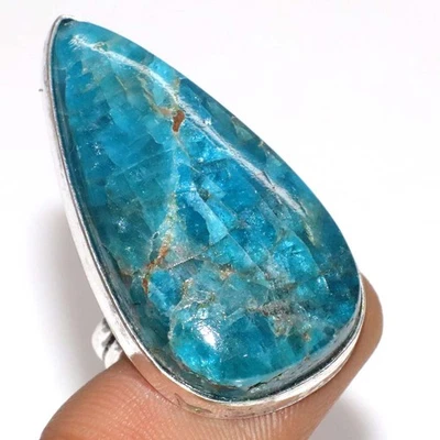 Кольцо ручной работы с голубым апатитом покрытие серебром 925 пробы ювелирные изделия США 7 массивных размеров GW - Изображение 1 из 3