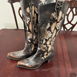 Siren Mark Nason Brown Leather Dragon Embroider Zip Up Knee High Boots, 7 - Picture 1 of 24