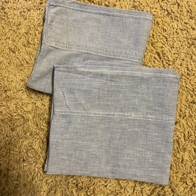 Two Ralph Lauren Standard/Queen Pillowcases Blue Cotton Chambray Irregular Vtg - Image 1 of 4