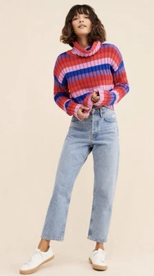 Suéter Anthropologie Glamoroso Cuello Alto Rojo Rayas Recortado Preppy Retro Foto 1 de 4