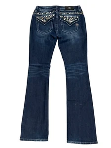 Size 28 x 32.5 Miss Me Crystals Studs Flap Pocket Slim Boot Jeans Bootcut Dark - Picture 1 of 9
