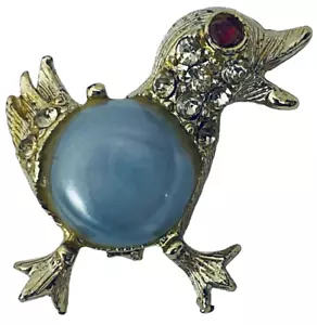 Jelly Belly Duck Bird Brooch Pin Gold Red Blue Cabochon Rhinestone 1" x 1" - Picture 1 of 8