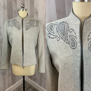 Vintage 1970s LILLI ANN Pale Gray Wool Jacket/Blazer/Coat Appliqué M/40Bust - Picture 1 of 8