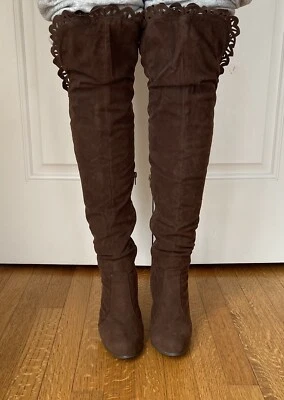 Charles Albert Over Knee Brown Faux Suede Boots Womens 10 Zipper Cutout Details - Image 1 of 4