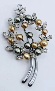 Vintage Austria Brosche Kristalle und Kunstperlen Blatt Design *defekt - Bild 1 von 11
