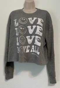 SmileyWorld Womens Gray "Love All" Cropped Distressed Crewneck Sweatshirt Size S - Picture 1 of 3