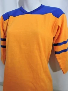 New Vtg Womens 70s 3/4 Sleeve Rugby T-Shirt Orange & Blue Hipster Wonderknit 16 - Picture 1 of 10