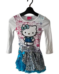 HELLO KITTY Girls Dress Size 5 White Blue Long Sleeve Ruffle Sequin - Picture 1 of 7