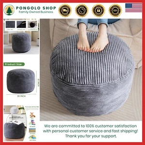 Round Ottoman Pouf Gray Modern Fabric 20x15 Inch Soft Plush Storage - Picture 1 of 9