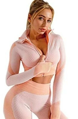 yoga set size medium high waisted leggings crop jacket pink peach - Image 1 of 4