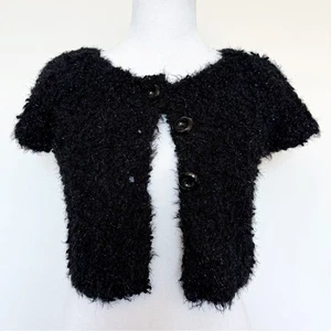 Anthropologie Knitted and Knotted Cropped Cardigan Womens Size Small Black Fuzzy - Picture 1 of 12