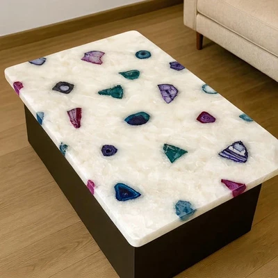 White Quartz & Blue Agate Coffee Table | Handmade Luxury Natural Stone Slab Top - Image 1 of 4