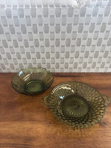 Vintage Indiana Glass Green Honeycomb Pattern Handled Relish & flower Bowl - Picture 1 of 8