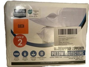 2 Waterproof Queen Size Pillow Protectors Zippered White Dust Mite Bed Bug - Picture 1 of 8